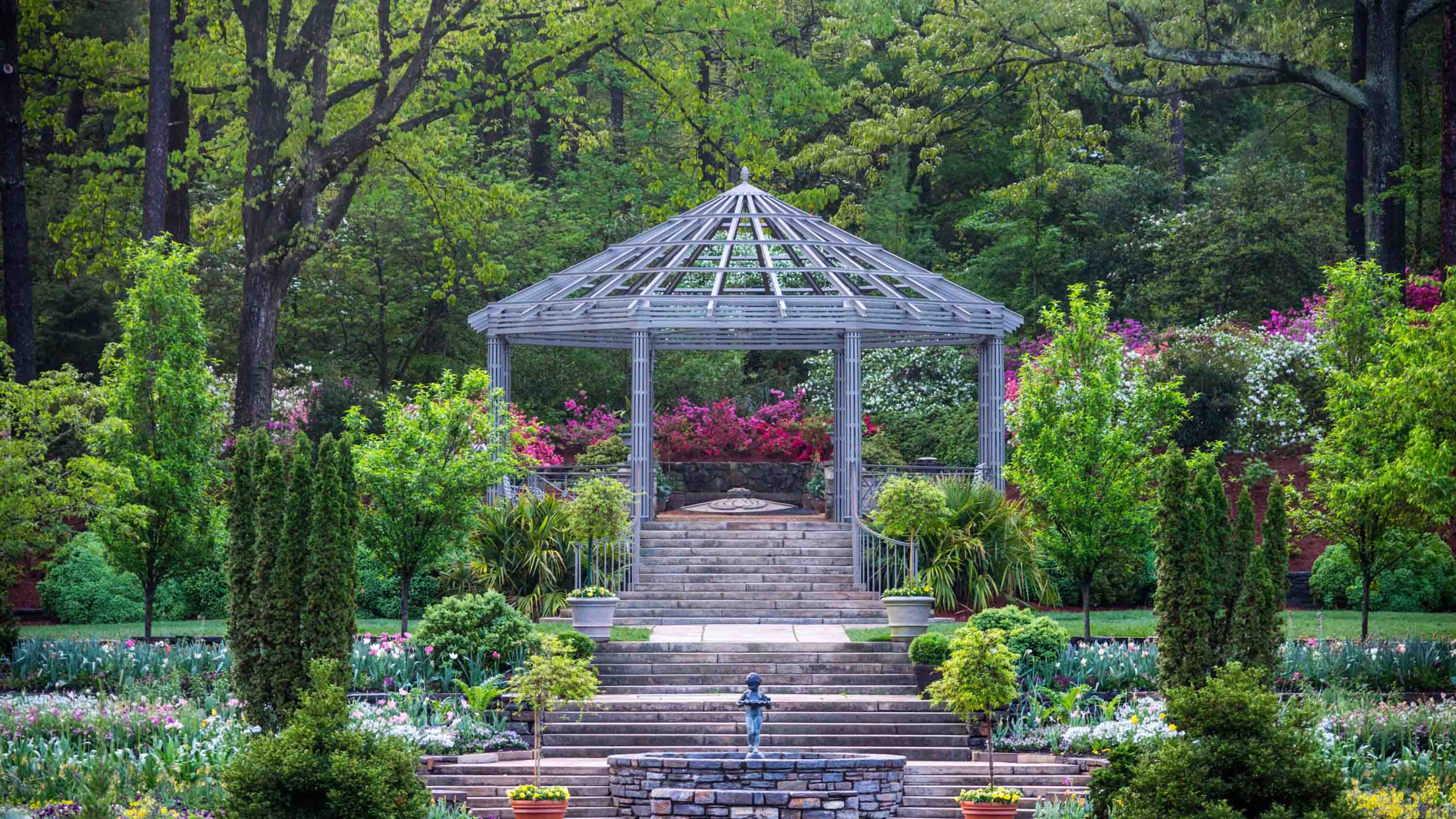 A stone staircase leading up to a metal garden pergola with two long, thin evergreen shrubs in the foreground and pink azaleas and trees in the background.